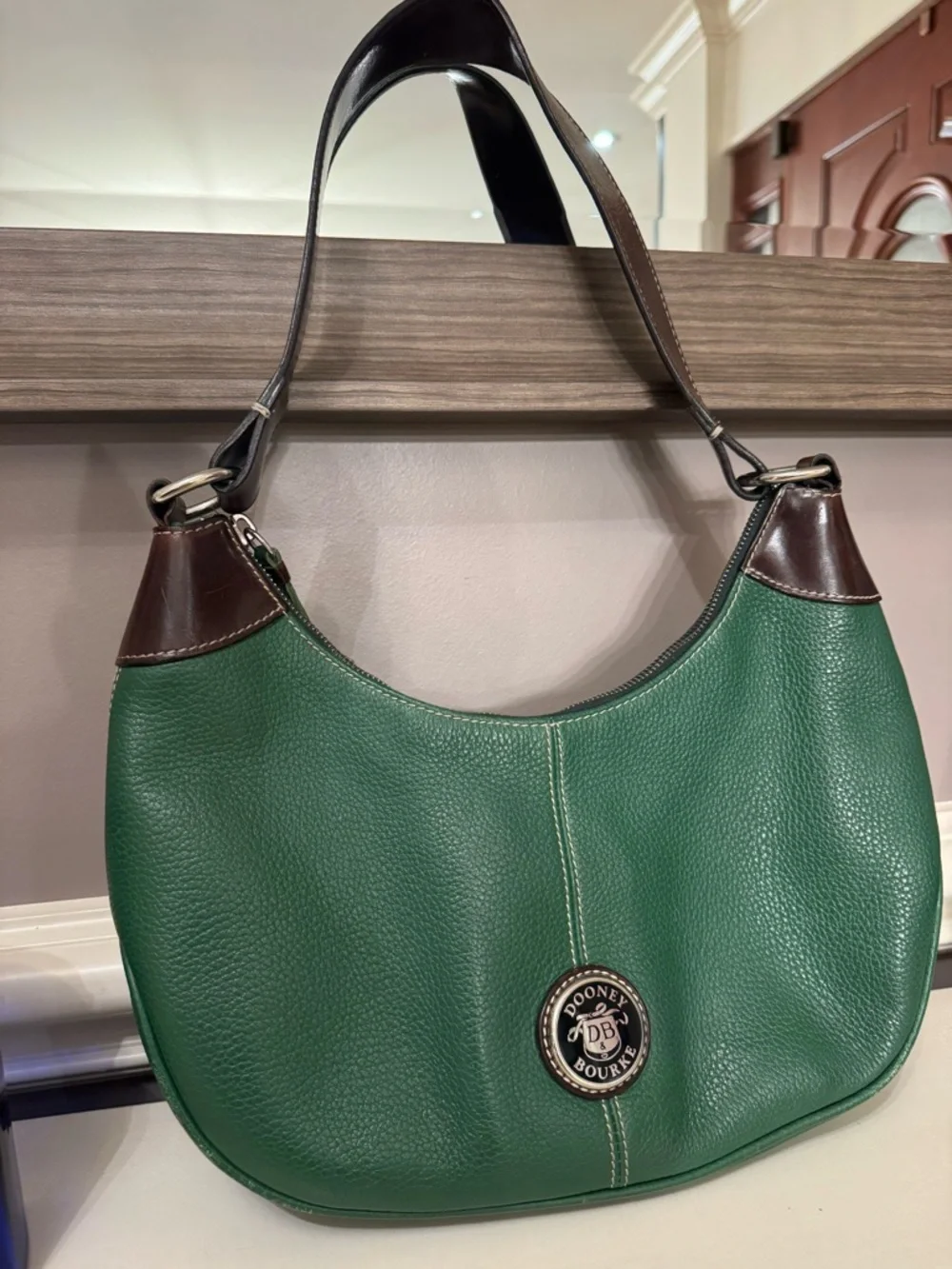 Dooney & Bourke Green Leather Hobo Bag with Brown Trim